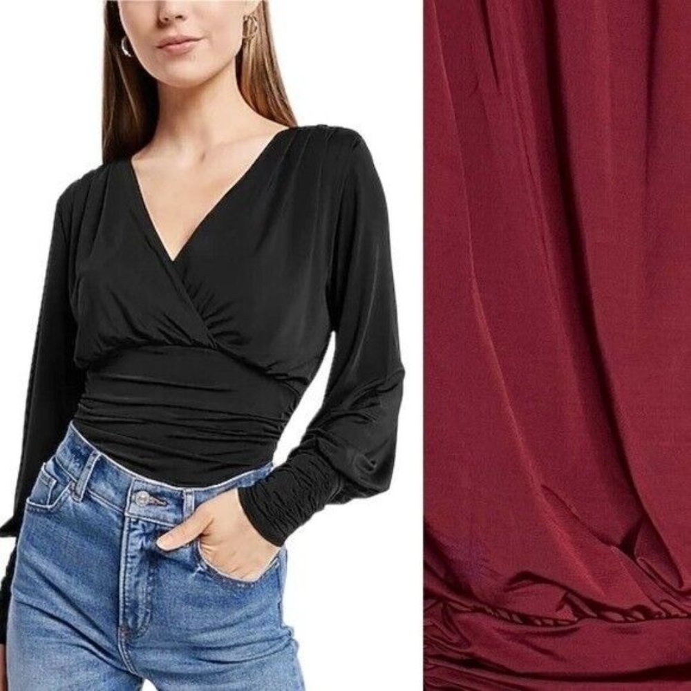 Express Silky V-Neck Ruched Top Burgundy Women’s Size Small - Picture 10 of 10